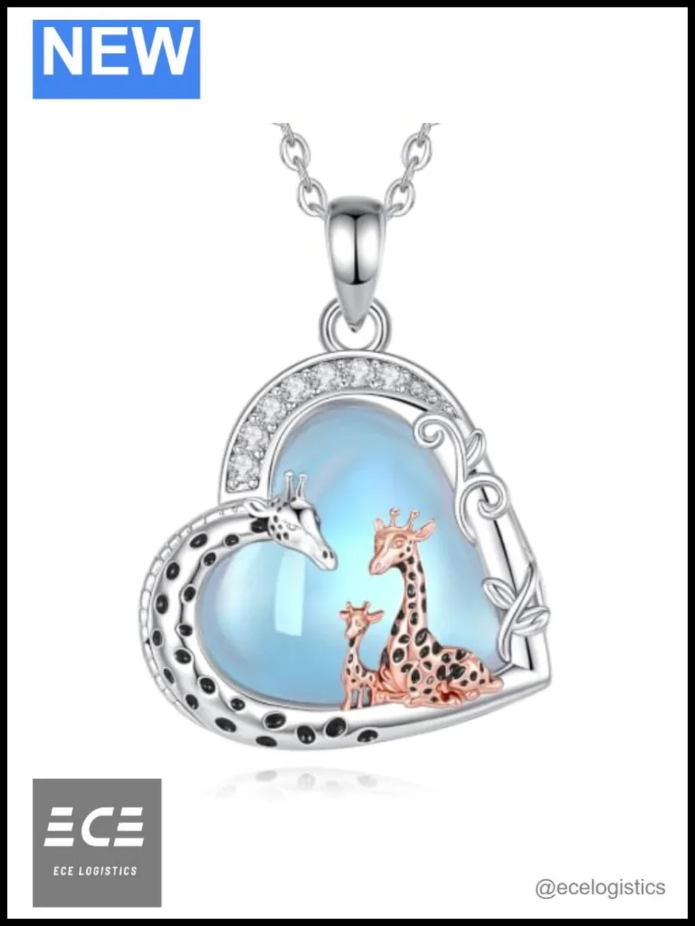 Rhodium Plated Copper Giraffe Heart Pendant Necklace 22in Box Chain